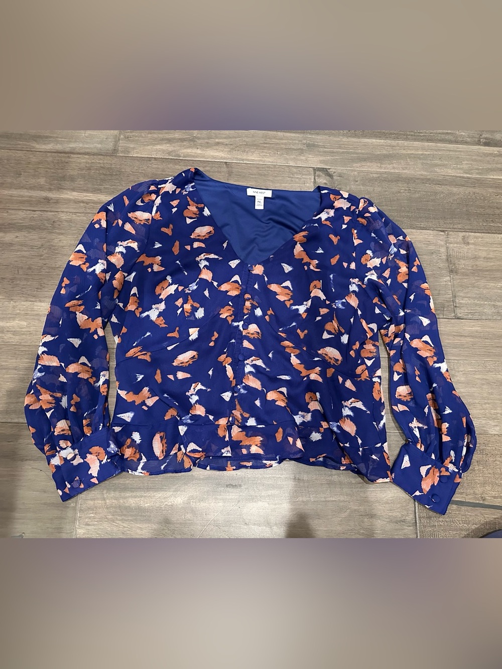 Nine West Royal Blue V-Neck Blouse with Orange & White Floral Accents